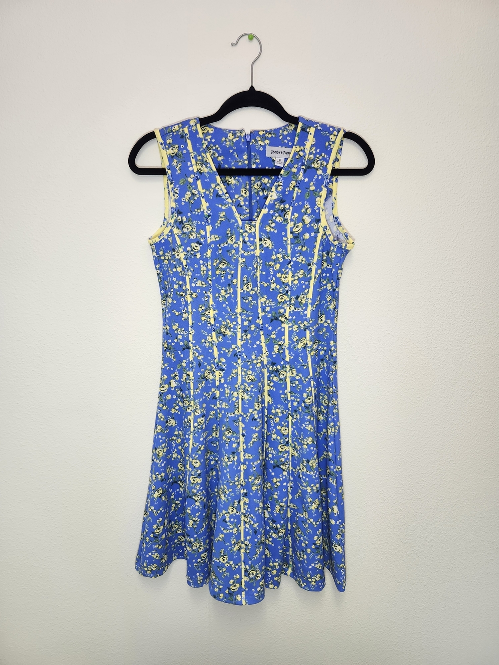 Shelby & Palmer Blue & Yellow Floral V-Neck Fit & Flare Dress